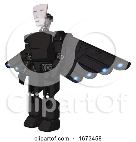 Robot Containing Humanoid Face Mask and Light Chest Exoshielding and Prototype Exoplate Chest and Cherub Wings Design and Prototype Exoplate Legs. Clean Black. Facing Right View. by Leo Blanchette