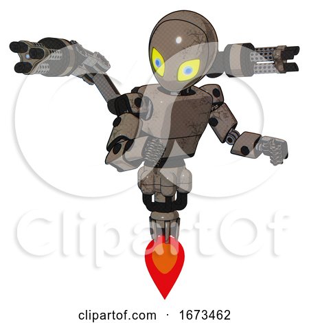 Bot Containing Grey Alien Style Head and Yellow Eyes with Blue Pupils and Light Chest Exoshielding and Prototype Exoplate Chest and Minigun Back Assembly and Jet Propulsion. Patent Khaki Metal. by Leo Blanchette