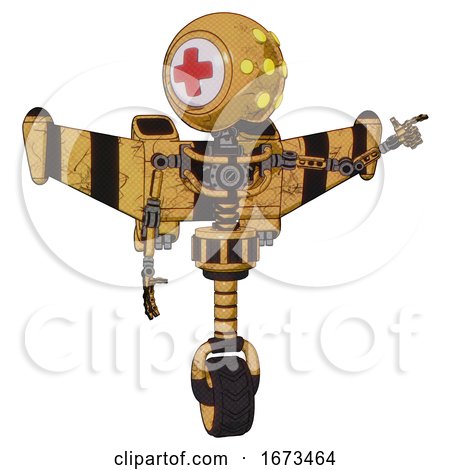 Robot Containing Round Head and Yellow Eyes Array and First Aid Emblem and Light Chest Exoshielding and Stellar Jet Wing Rocket Pack and No Chest Plating and Unicycle Wheel. by Leo Blanchette