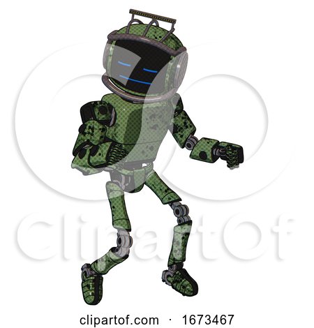Droid Containing Digital Display Head and Sleeping Face and Led and Protection Bars and Light Chest Exoshielding and Prototype Exoplate Chest and Ultralight Foot Exosuit. Grunge Grass Green. by Leo Blanchette