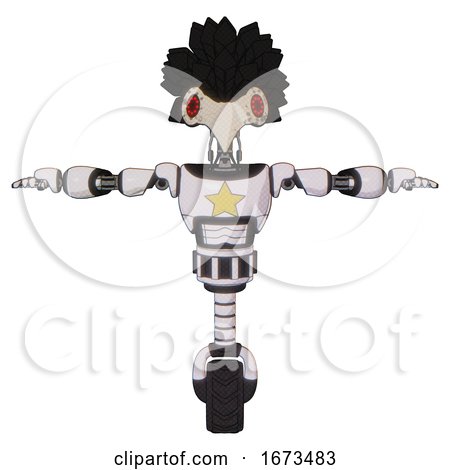 Android Containing Bird Skull Head and Red Led Circle Eyes and Crow Feather Design and Light Chest Exoshielding and Yellow Star and Unicycle Wheel. White Halftone Toon. T-pose. by Leo Blanchette