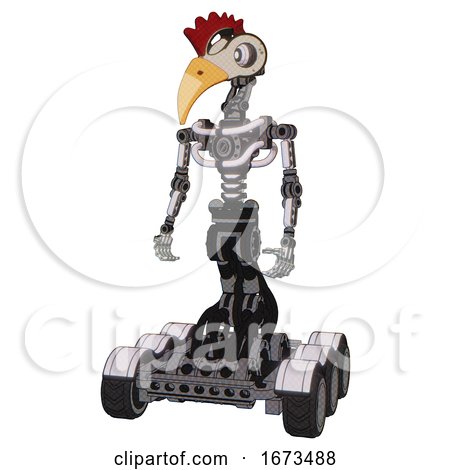 Mech Containing Bird Skull Head and White Eyeballs and Chicken Design and Light Chest Exoshielding and No Chest Plating and Six-wheeler Base. White Halftone Toon. Standing Looking Right Restful Pose. by Leo Blanchette