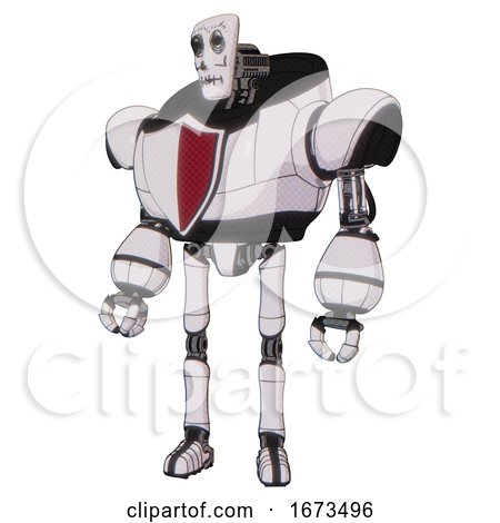 Android Containing Humanoid Face Mask and Skeleton War Paint and Heavy Upper Chest and Red Shield Defense Design and Ultralight Foot Exosuit. White Halftone Toon. Standing Looking Right Restful Pose. by Leo Blanchette