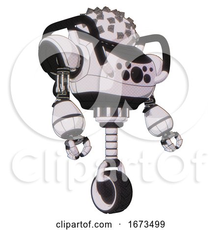 Mech Containing Metal Cubes Dome Head Design and Heavy Upper Chest and Chest Compound Eyes and Unicycle Wheel. White Halftone Toon. Facing Left View. by Leo Blanchette