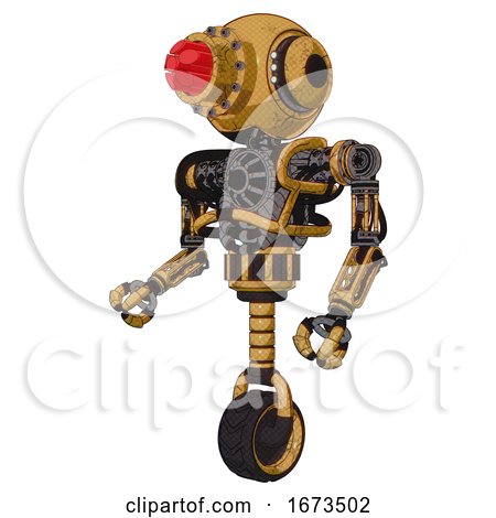 Android Containing Round Head and Red Laser Crystal Array and Head Light Gadgets and Heavy Upper Chest and No Chest Plating and Unicycle Wheel. Construction Yellow Halftone. Facing Right View. by Leo Blanchette