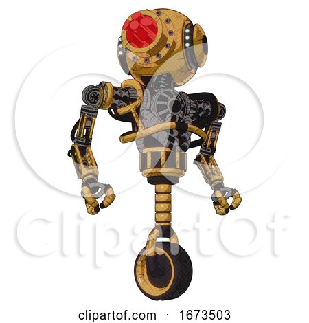 Android Containing Round Head and Red Laser Crystal Array and Head Light Gadgets and Heavy Upper Chest and No Chest Plating and Unicycle Wheel. Construction Yellow Halftone. Hero Pose. by Leo Blanchette