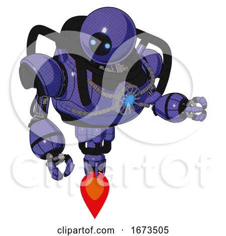 Droid Containing Dual Retro Camera Head and Black Circle Blue Eyes Head and Heavy Upper Chest and Chest Blue Energy Core and Jet Propulsion. Primary Blue Halftone. Fight or Defense Pose.. by Leo Blanchette