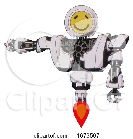 Automaton Containing Round Head Yellow Happy Face and Heavy Upper Chest and Heavy Mech Chest and Jet Propulsion. White Halftone Toon. Arm out Holding Invisible Object.. by Leo Blanchette