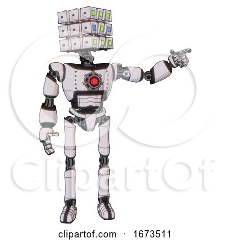 Bot Containing Dual Retro Camera Head and Cube Array Head and Light Chest Exoshielding and Red Energy Core and Ultralight Foot Exosuit. White Halftone Toon. Pointing Left or Pushing a Button.. by Leo Blanchette