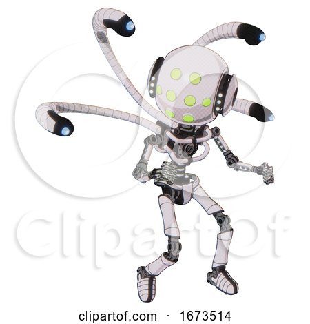 Android Containing Round Head and Green Eyes Array and Head Light Gadgets and Light Chest Exoshielding and Blue-eye Cam Cable Tentacles and No Chest Plating and Ultralight Foot Exosuit. by Leo Blanchette