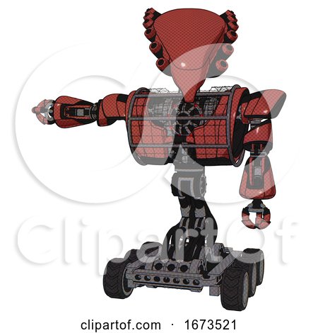 Cyborg Containing Flat Elongated Skull Head and Heavy Upper Chest and Heavy Mech Chest and Barbed Wire Chest Armor Cage and Six-wheeler Base. Light Brick Red. Arm out Holding Invisible Object.. by Leo Blanchette