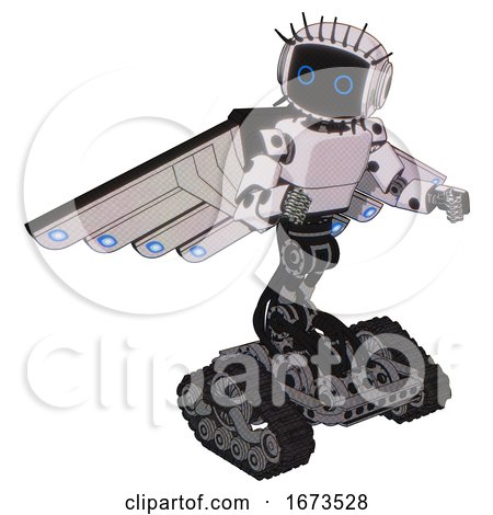 Automaton Containing Digital Display Head and Circle Eyes and Eye Lashes Deco and Light Chest Exoshielding and Prototype Exoplate Chest and Cherub Wings Design and Tank Tracks. White Halftone Toon. by Leo Blanchette