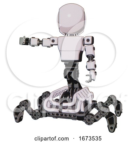 Bot Containing Round Head and Light Chest Exoshielding and Prototype Exoplate Chest and Insect Walker Legs. White Halftone Toon. Arm out Holding Invisible Object.. by Leo Blanchette