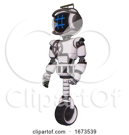 Bot Containing Digital Display Head and Hashtag Face and Led and Protection Bars and Light Chest Exoshielding and Chest Valve Crank and Unicycle Wheel. White Halftone Toon. Facing Right View. by Leo Blanchette