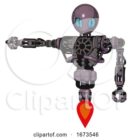 Cyborg Containing Grey Alien Style Head and Blue Grate Eyes and Heavy Upper Chest and No Chest Plating and Jet Propulsion. Lilac Metal. Arm out Holding Invisible Object.. by Leo Blanchette