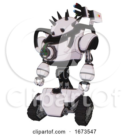 Android Containing Thorny Domehead Design and Heavy Upper Chest and Chest Energy Gun and Tank Tracks. White Halftone Toon. Standing Looking Right Restful Pose. by Leo Blanchette