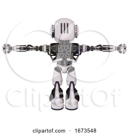 Bot Containing Round Head and Three Lens Sentinel Visor and Head Light Gadgets and Heavy Upper Chest and No Chest Plating and Light Leg Exoshielding and Stomper Foot Mod. White Halftone Toon. T-pose. by Leo Blanchette