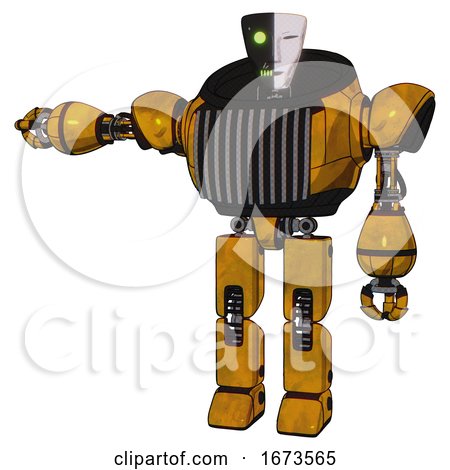 Automaton Containing Humanoid Face Mask and Two-face Black White Mask and Heavy Upper Chest and Chest Vents and Prototype Exoplate Legs. Worn Construction Yellow. Arm out Holding Invisible Object.. by Leo Blanchette