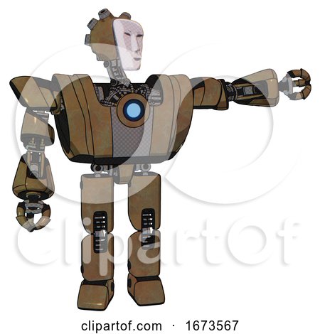 Android Containing Humanoid Face Mask and Heavy Upper Chest and Heavy Mech Chest and Blue Energy Fission Element Chest and Prototype Exoplate Legs. Old Copper. Pointing Left or Pushing a Button.. by Leo Blanchette
