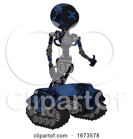 Bot Containing Digital Display Head and Wince Symbol Expression and Light Chest Exoshielding and No Chest Plating and Tank Tracks. Grunge Dark Blue. Facing Left View. by Leo Blanchette
