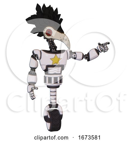 Android Containing Bird Skull Head and Red Led Circle Eyes and Crow Feather Design and Light Chest Exoshielding and Yellow Star and Unicycle Wheel. White Halftone Toon. by Leo Blanchette