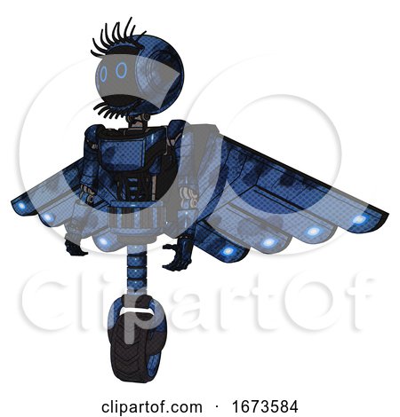 Mech Containing Digital Display Head and Circle Eyes and Eye Lashes Deco and Light Chest Exoshielding and Ultralight Chest Exosuit and Cherub Wings Design and Unicycle Wheel. Grunge Dark Blue. by Leo Blanchette