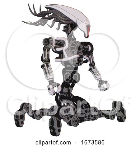 Bot Containing Flat Elongated Skull Head and Cables and Heavy Upper Chest and No Chest Plating and Insect Walker Legs. White Halftone Toon. Facing Left View. by Leo Blanchette