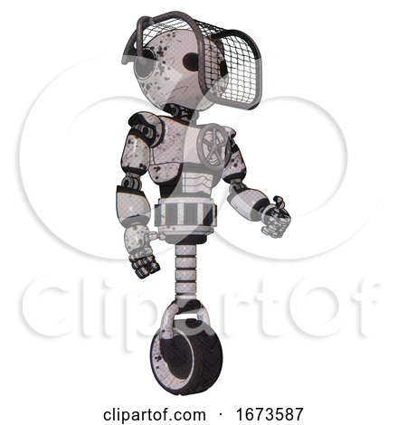 Bot Containing Oval Wide Head and Barbed Wire Visor Helmet and Light Chest Exoshielding and Chest Valve Crank and Unicycle Wheel. Grunge Sketch Dots. Facing Left View. by Leo Blanchette
