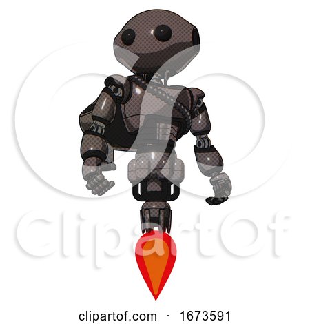 Automaton Containing Oval Wide Head and Beady Black Eyes and Light Chest Exoshielding and Rubber Chain Sash and Rocket Pack and Jet Propulsion. Light Brown. Hero Pose. by Leo Blanchette