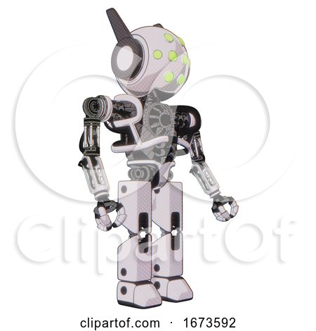 Bot Containing Round Head and Green Eyes Array and Head Winglets and Heavy Upper Chest and No Chest Plating and Prototype Exoplate Legs. White Halftone Toon. Facing Left View. by Leo Blanchette