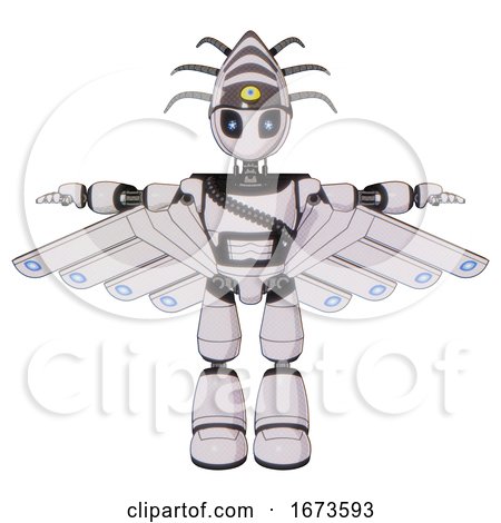 Android Containing Grey Alien Style Head and Electric Eyes and Eyeball Creature Crown and Light Chest Exoshielding and Rubber Chain Sash and Cherub Wings Design and Light Leg Exoshielding. by Leo Blanchette