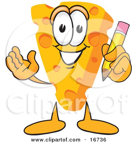 Clipart Picture of a Wedge of Orange Swiss Cheese Mascot Cartoon Character Holding a Yellow Number 2 Pencil With an Eraser Tip by Mascot Junction