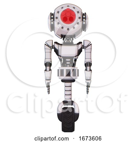 Robot Containing Round Head and Red Laser Crystal Array and Head Light Gadgets and Light Chest Exoshielding and Ultralight Chest Exosuit and Unicycle Wheel. White Halftone Toon. Front View. by Leo Blanchette
