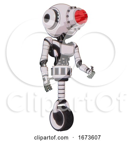 Robot Containing Round Head and Red Laser Crystal Array and Head Light Gadgets and Light Chest Exoshielding and Ultralight Chest Exosuit and Unicycle Wheel. White Halftone Toon. Facing Left View. by Leo Blanchette