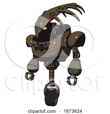 Mech Containing Flat Elongated Skull Head and Heavy Upper Chest and Chest Compound Eyes and Unicycle Wheel. Light Brown Halftone. Standing Looking Right Restful Pose. by Leo Blanchette