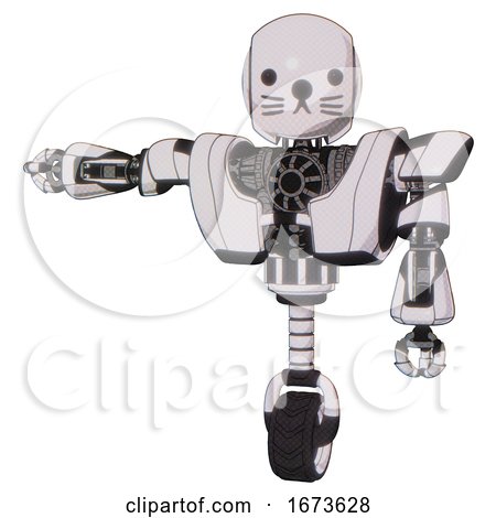Bot Containing Round Head and Heavy Upper Chest and Heavy Mech Chest and Unicycle Wheel and Cat Face. White Halftone Toon. Arm out Holding Invisible Object.. by Leo Blanchette