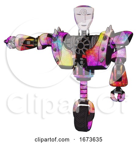 Cyborg Containing Humanoid Face Mask and Spiral Design and Heavy Upper Chest and Heavy Mech Chest and Shoulder Spikes and Unicycle Wheel. Plasma Burst. Arm out Holding Invisible Object.. by Leo Blanchette