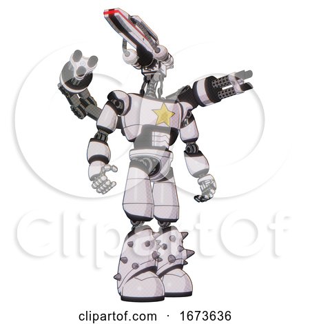 Bot Containing Dual Retro Camera Head and Laser Gun Head and Light Chest Exoshielding and Yellow Star and Minigun Back Assembly and Light Leg Exoshielding and Spike Foot Mod. White Halftone Toon. by Leo Blanchette