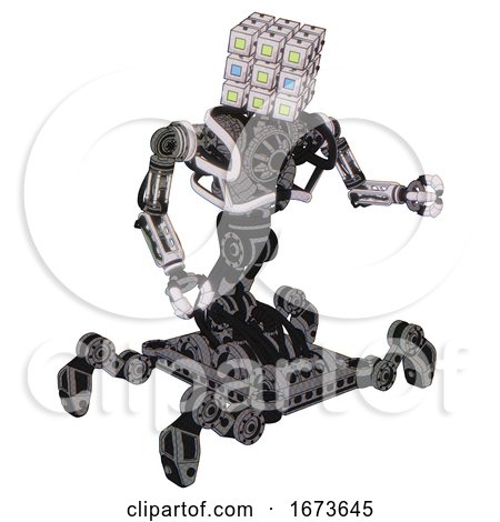 Cyborg Containing Dual Retro Camera Head and Cube Array Head and Heavy Upper Chest and No Chest Plating and Insect Walker Legs. White Halftone Toon. Fight or Defense Pose.. by Leo Blanchette
