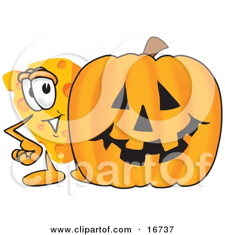 Clipart Picture of a Wedge of Orange Swiss Cheese Mascot Cartoon Character Standing by a Large Halloween Pumpkin by Mascot Junction