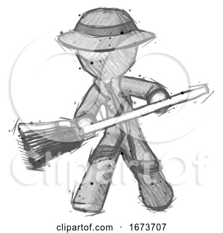 Sketch Detective Man Broom Fighter Defense Pose by Leo Blanchette