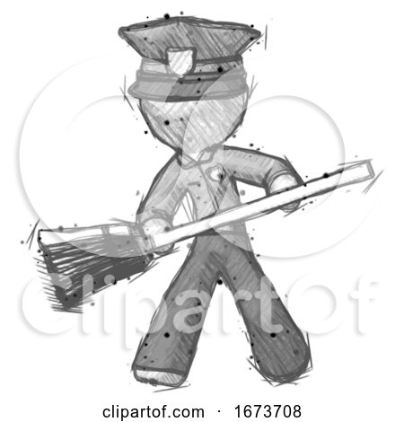 Sketch Police Man Broom Fighter Defense Pose by Leo Blanchette