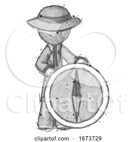 Sketch Detective Man Standing Beside Large Compass by Leo Blanchette