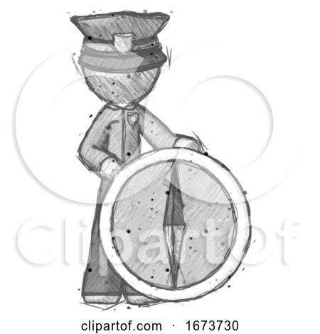 Sketch Police Man Standing Beside Large Compass by Leo Blanchette