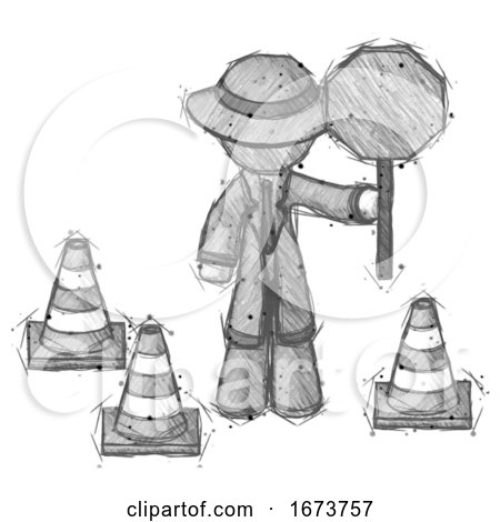 Sketch Detective Man Holding Stop Sign by Traffic Cones Under Construction Concept by Leo Blanchette