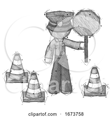 Sketch Police Man Holding Stop Sign by Traffic Cones Under Construction Concept by Leo Blanchette