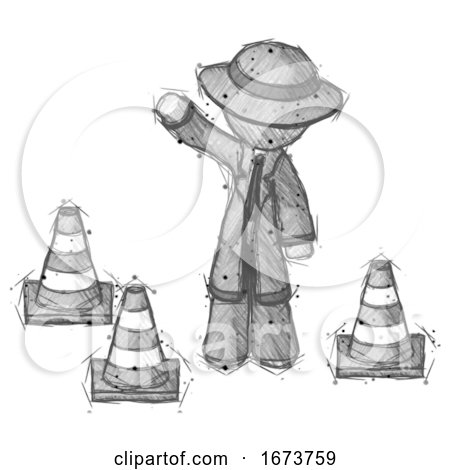 Sketch Detective Man Standing by Traffic Cones Waving by Leo Blanchette