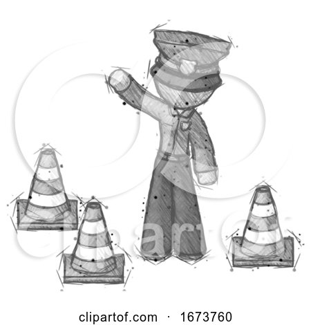 Sketch Police Man Standing by Traffic Cones Waving by Leo Blanchette