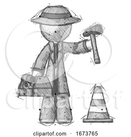 Sketch Detective Man Under Construction Concept, Traffic Cone and Tools by Leo Blanchette
