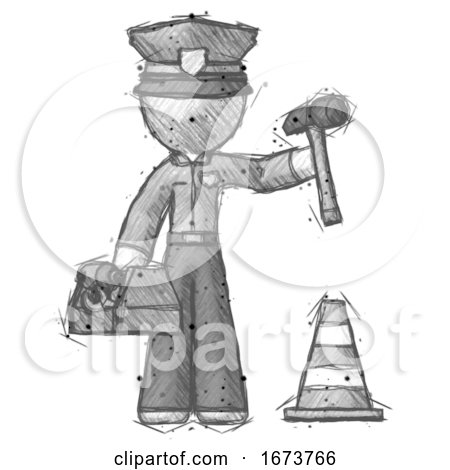 Sketch Police Man Under Construction Concept, Traffic Cone and Tools by Leo Blanchette